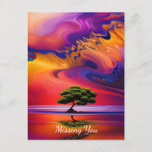 Lone Tree in Water colourful sky -Missing You Postcard