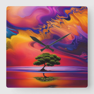 Lone Tree in Water colourful sky Personalise Square Wall Clock