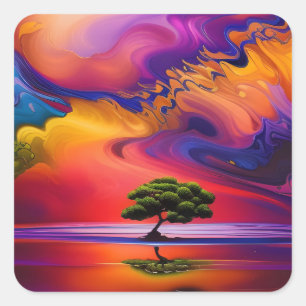 Lone Tree in Water colourful sky Square Sticker