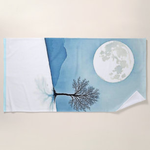 Lone Tree: Serene Full Moon Silence Art Beach Towel