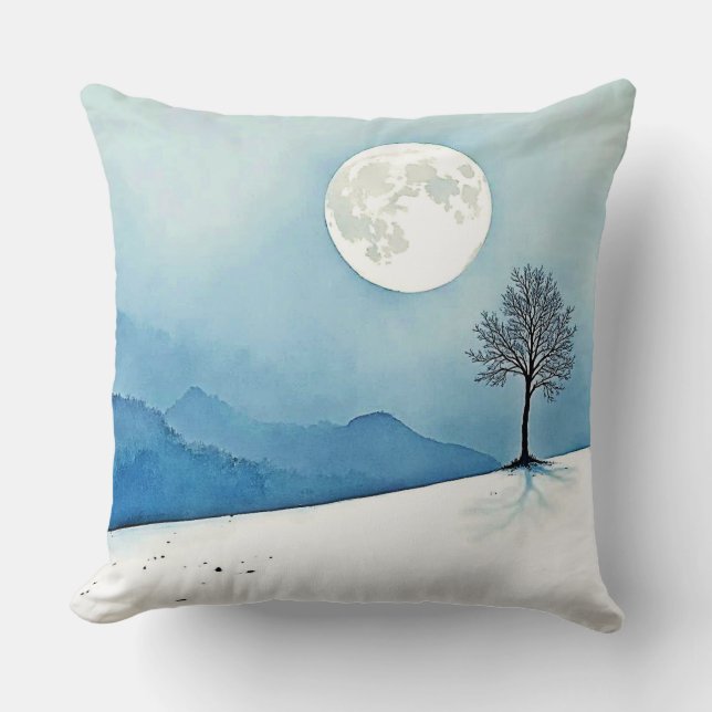 Lone Tree: Serene Full Moon Silence Art Cushion (Front)