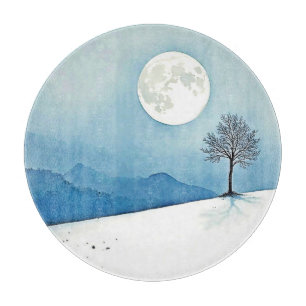 Lone Tree: Serene Full Moon Silence Art Cutting Board