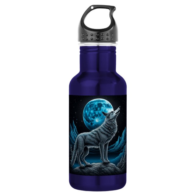 Lone Wolf and Full Moon Black and Blue 532 Ml Water Bottle (Front)