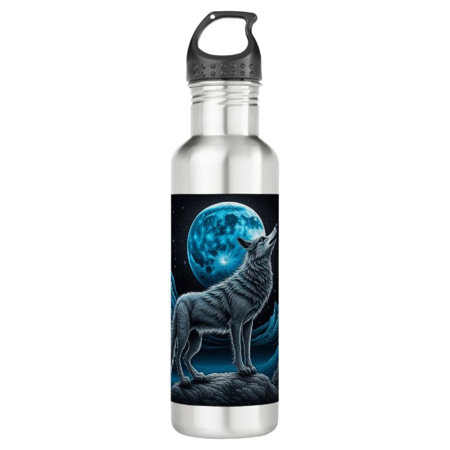 Lone Wolf and Full Moon Black and Blue 710 Ml Water Bottle (Front)