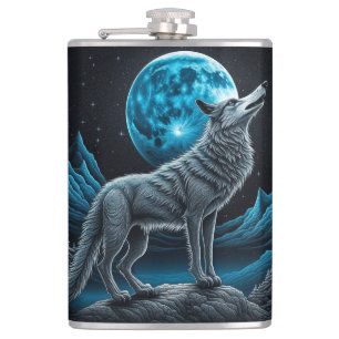 Lone Wolf and Full Moon Black and Blue Hip Flask