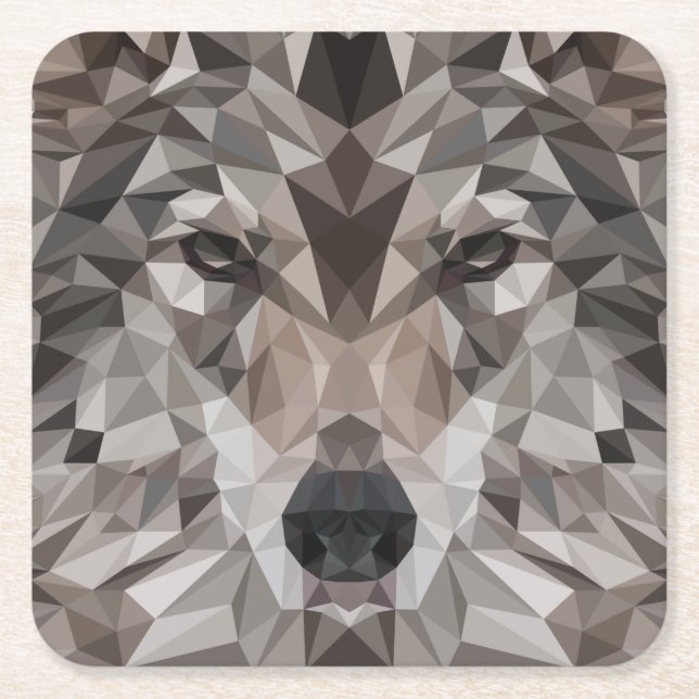 Lone Wolf Geometric Portrait Square Paper Coaster (Front)