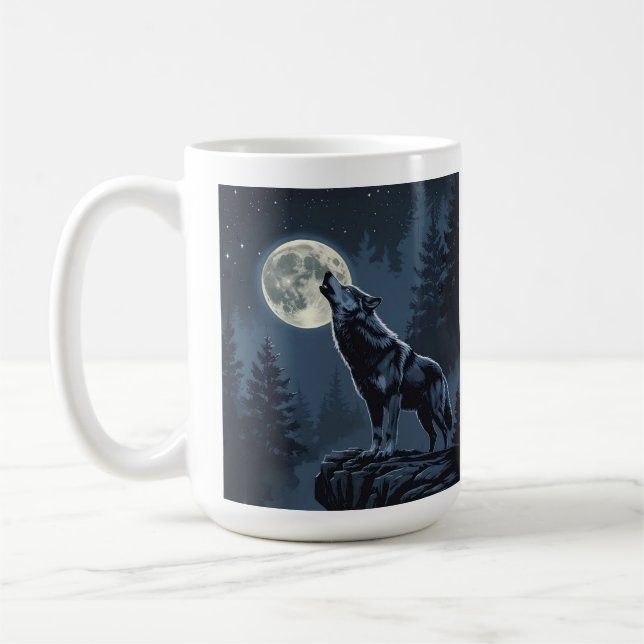 Lone Wolf Howling at the Moon Night Forest Art Coffee Mug (Left)