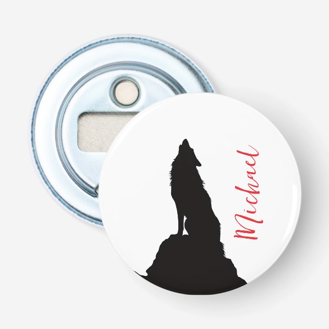 Lone Wolf Howling Your Name Custom Handwriting Bottle Opener (Front)