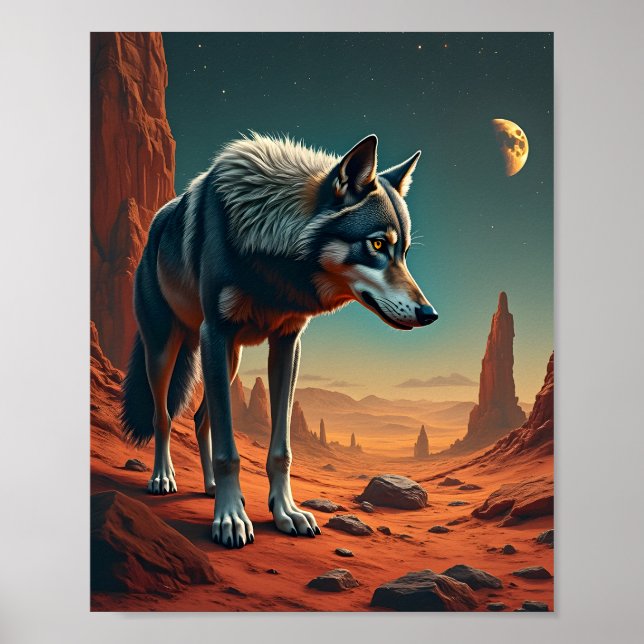 Lone Wolf in Desert of mars space Poster (Front)