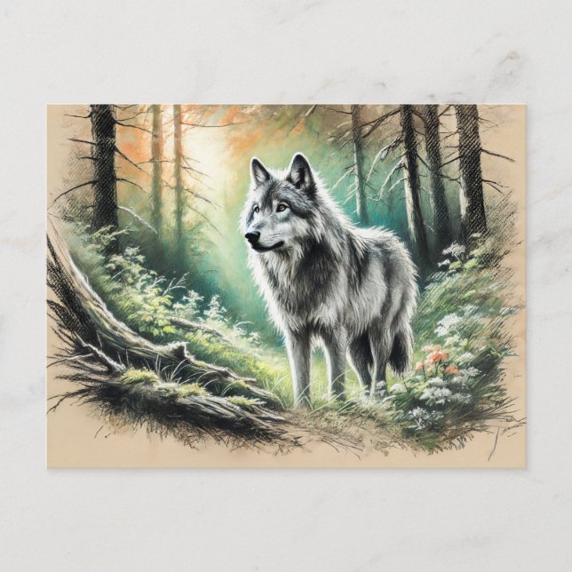 Lone Wolf in Forest with Sunshine Postcard (Front)