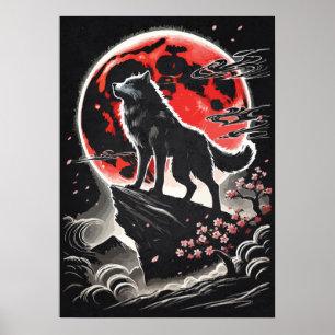 Lone Wolf In Red Moon - Japanese Anime Tattoo Art Poster