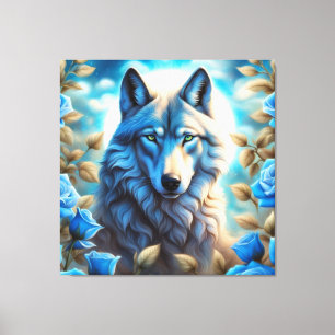 Lone Wolf in the Enchanted Blue Rose Garden Canvas Print
