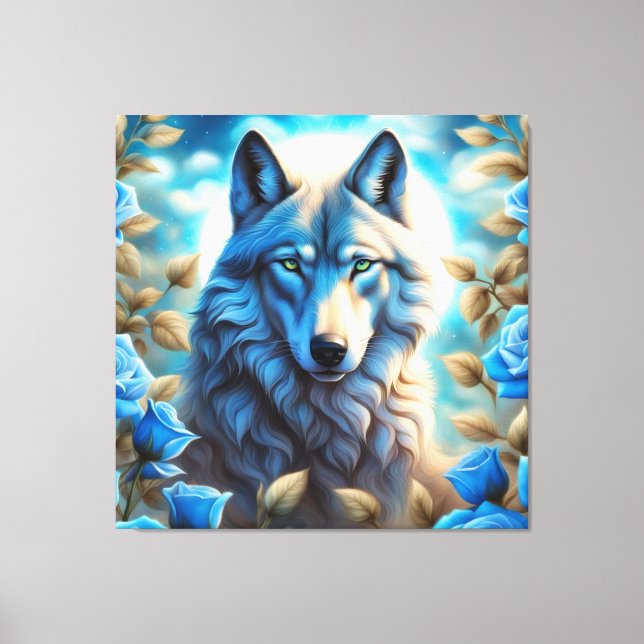 Lone Wolf in the Enchanted Blue Rose Garden Canvas Print (Front)