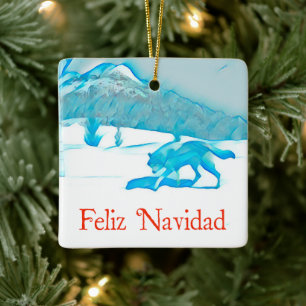 Lone Wolf In Winter - Feliz Navidad Ceramic Ornament