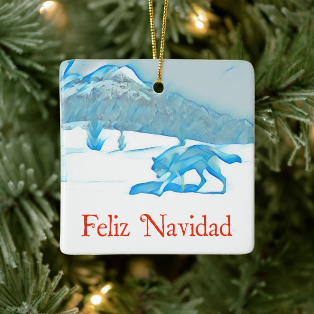 Lone Wolf In Winter - Feliz Navidad Ceramic Ornament (Tree)