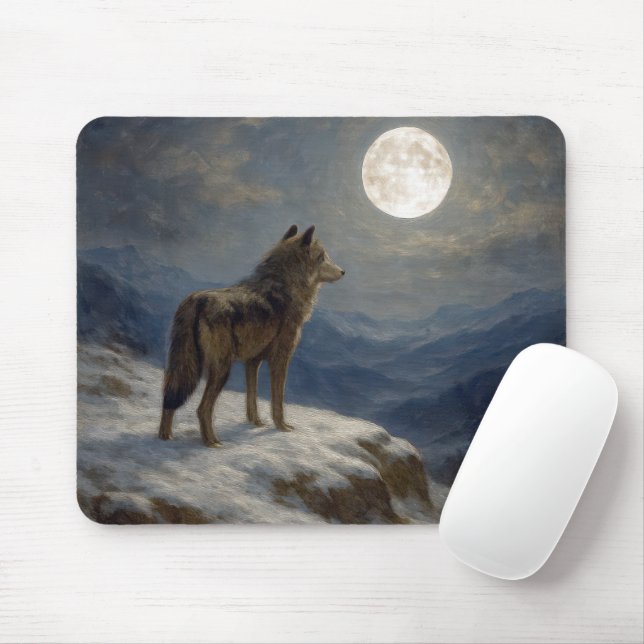 Lone Wolf on a Mountaintop In Moonlight Mouse Mat (With Mouse)