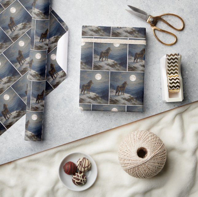 Lone Wolf on a Mountaintop In Moonlight Wrapping Paper (Crafts)