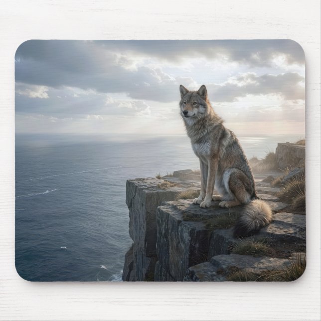 Lone Wolf On an Rocky Ocean Cliff Mouse Mat (Front)