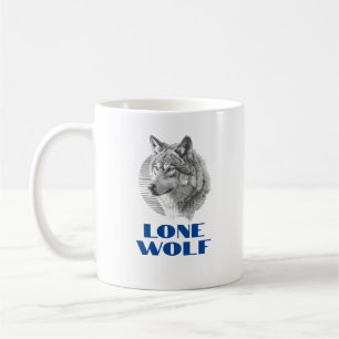 "Lone Wolf" or Your Message, Grey Wolf, Blue Text Coffee Mug