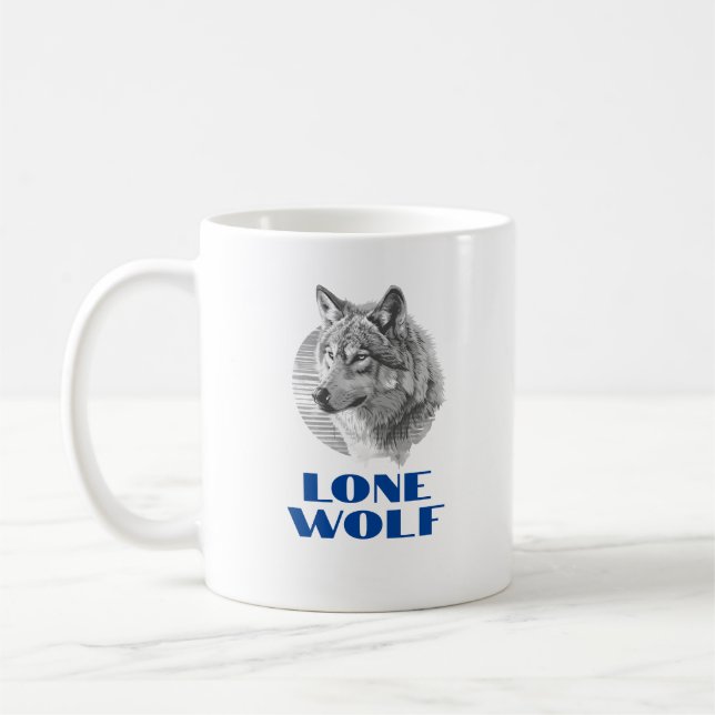 "Lone Wolf" or Your Message, Grey Wolf, Blue Text Coffee Mug (Left)