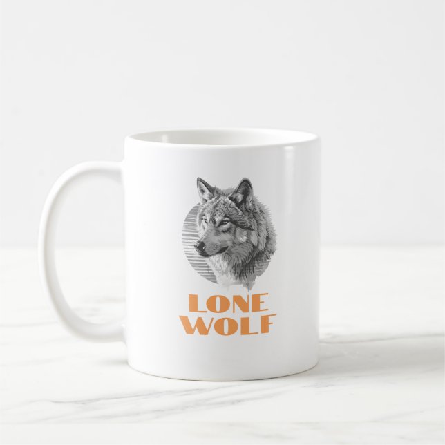 "Lone Wolf" or Your Message, Grey Wolf Orange Text Coffee Mug (Left)
