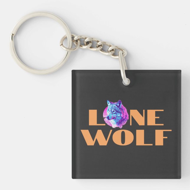 "Lone Wolf" or Your Message, Large Orange Text Key Ring (Front)