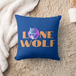 "Lone Wolf" or Your Message, Orange Text, Blue Cushion
