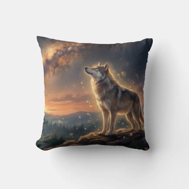 Lone Wolf Under The Starry Milky Way Sky Cushion (Front)