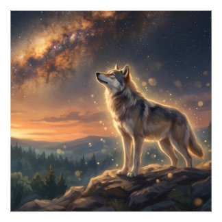 Lone Wolf Under The Starry Milky Way Sky Photo Print