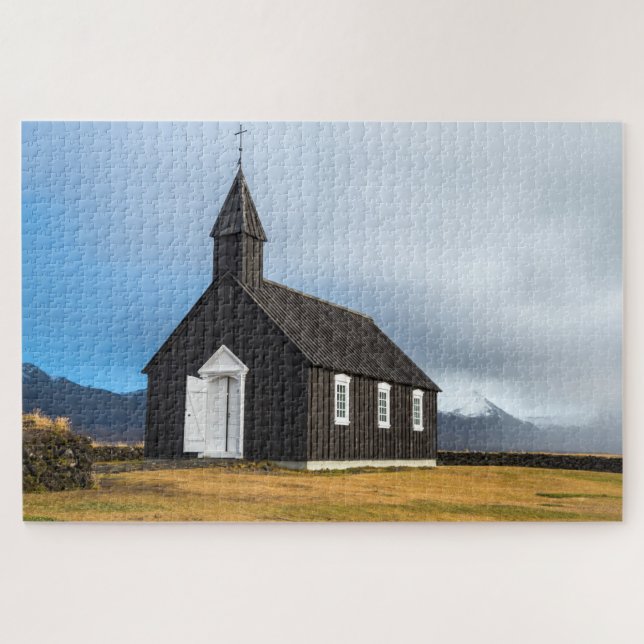 Lonely Blach Wooden Church in Iceland Jigsaw Puzzle (Horizontal)