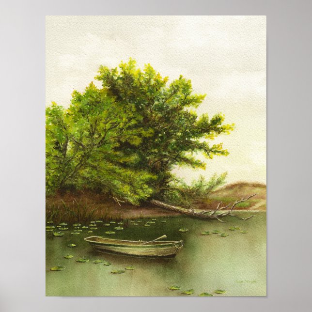Lonely Boat on Pond with Lily Pads watercolor Poster (Front)