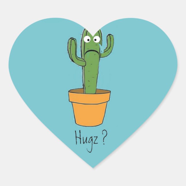 Lonely Cactus Needs a Hug Flirty Cartoon Heart Sticker (Front)