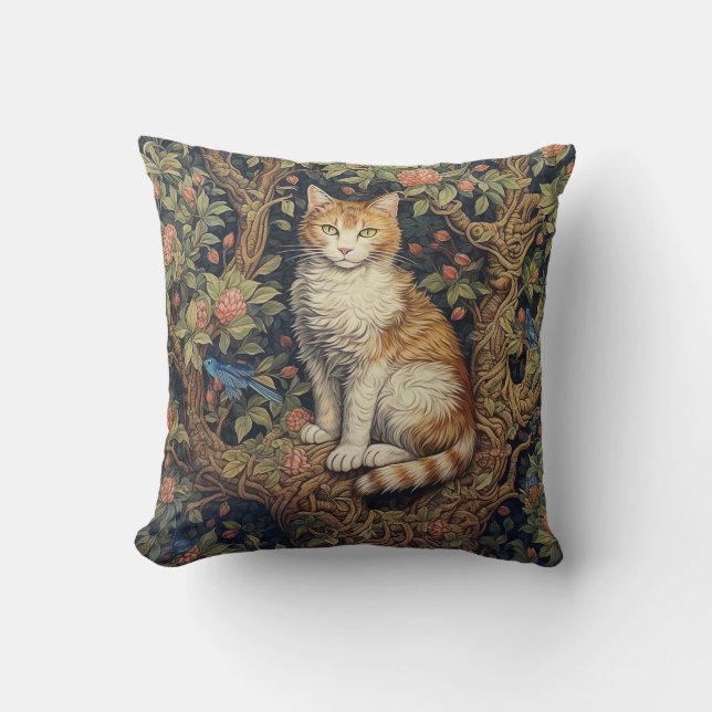 Lonely Cat In Tree, In The Style Of William Morris Cushion (Front)