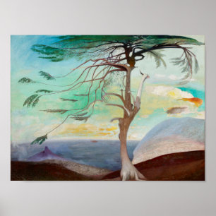 Lonely Cedar Tree Landscape Painting Poster