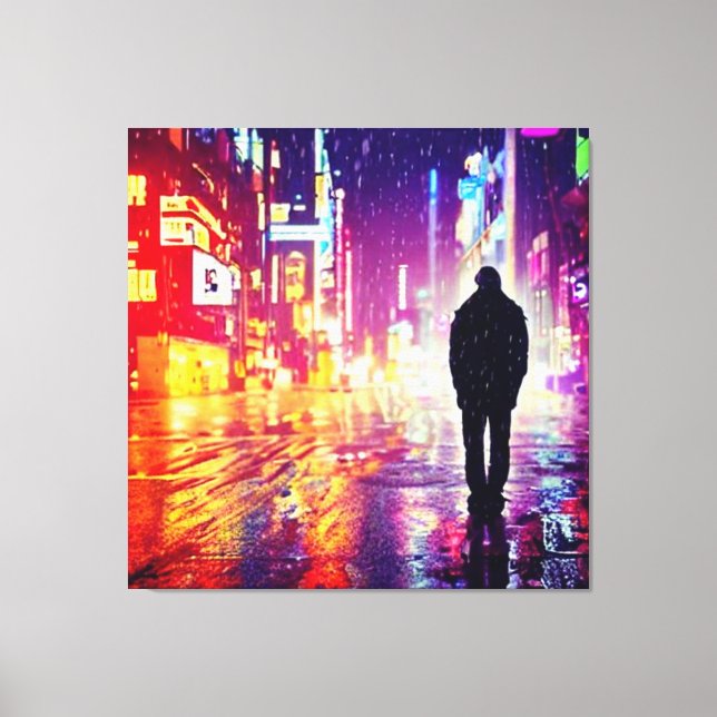 Lonely Cyberpunk In The Rain Canvas Print (Front)