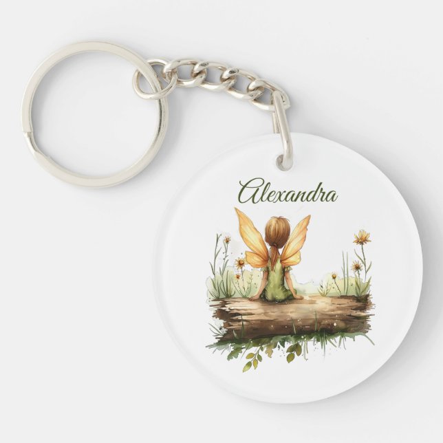 Lonely Fairy Sitting on a Log Key Ring (Front)