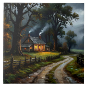 Lonely Farm House In Autumn Tile
