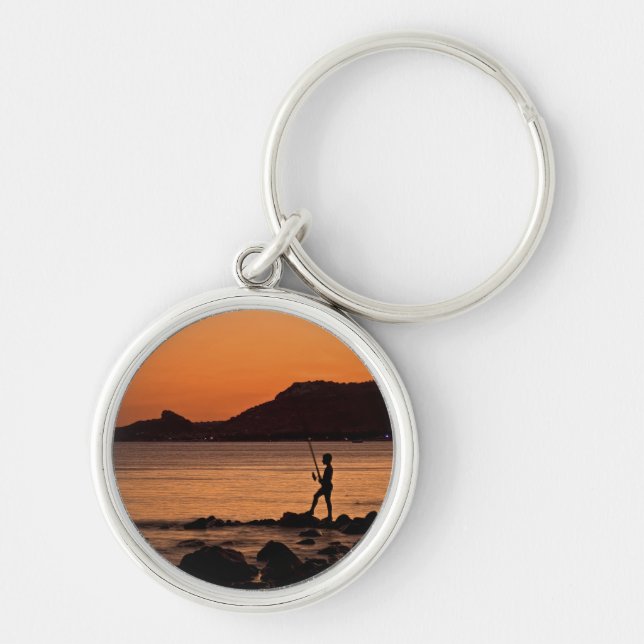 Lonely Fisherman At Sunset Key Ring (Front)