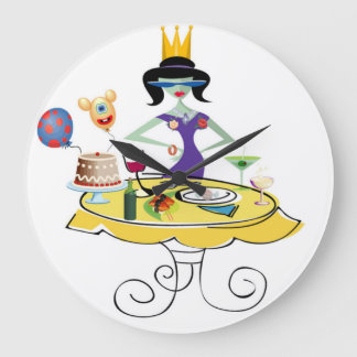 Lonely girl with a feast table large clock