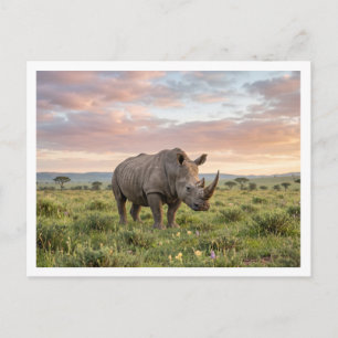 Lonely Rhino In Savanna At Sunset Photo Enlargemen Postcard