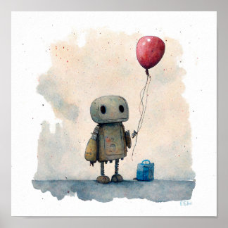 "Lonely Robot with Balloon" - Watercolor Painting  Poster