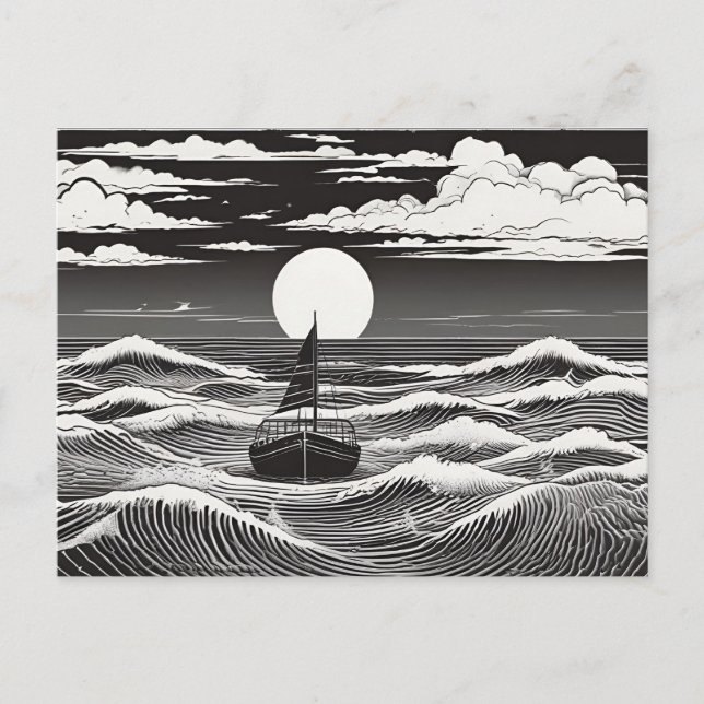 Lonely Sailboat in Moonlit Waves Over Ocean Postcard (Front)