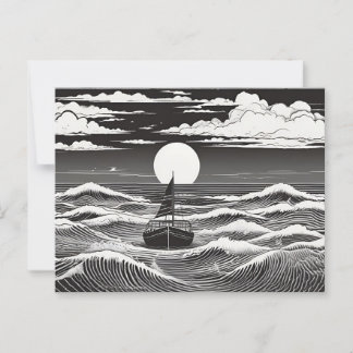 Lonely Sailboat in Moonlit Waves Postcard