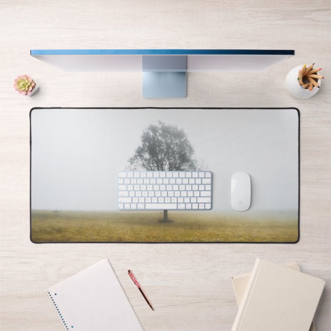 Lonely tree in a foggy autumn morning desk mat (Office 1)