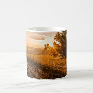 Lonely tree on the foggy field in golden sunrise coffee mug