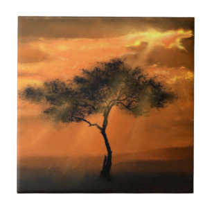 Lonely Tree Sunbeams - Drawing Art Collection Tile