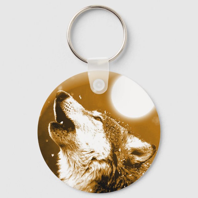 Lonely Wolf Howling at Moon Key Ring (Front)