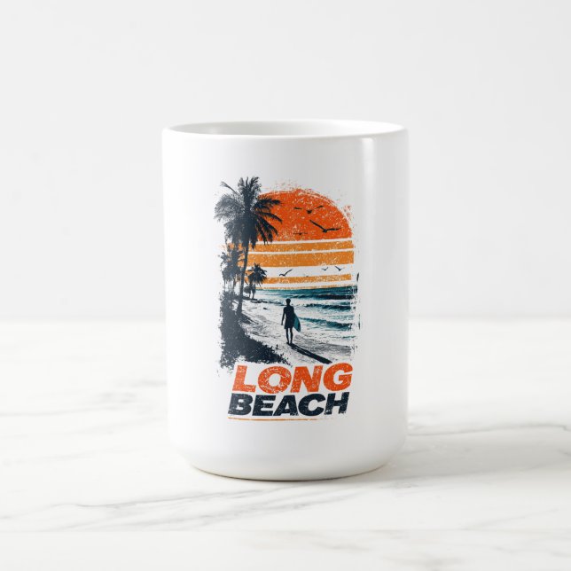 Long Beach California Retro Sunset Palm Tree Beach Coffee Mug (Center)