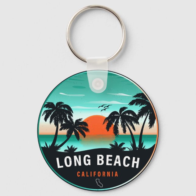 Long Beach California Retro Sunset Souvenirs 80s Key Ring (Front)