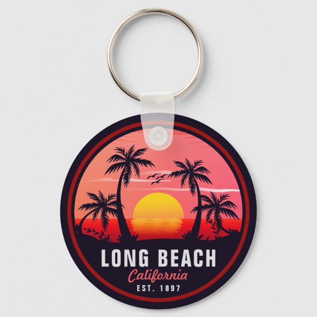 Long Beach California Retro Sunset Souvenirs 80s Key Ring (Front)
